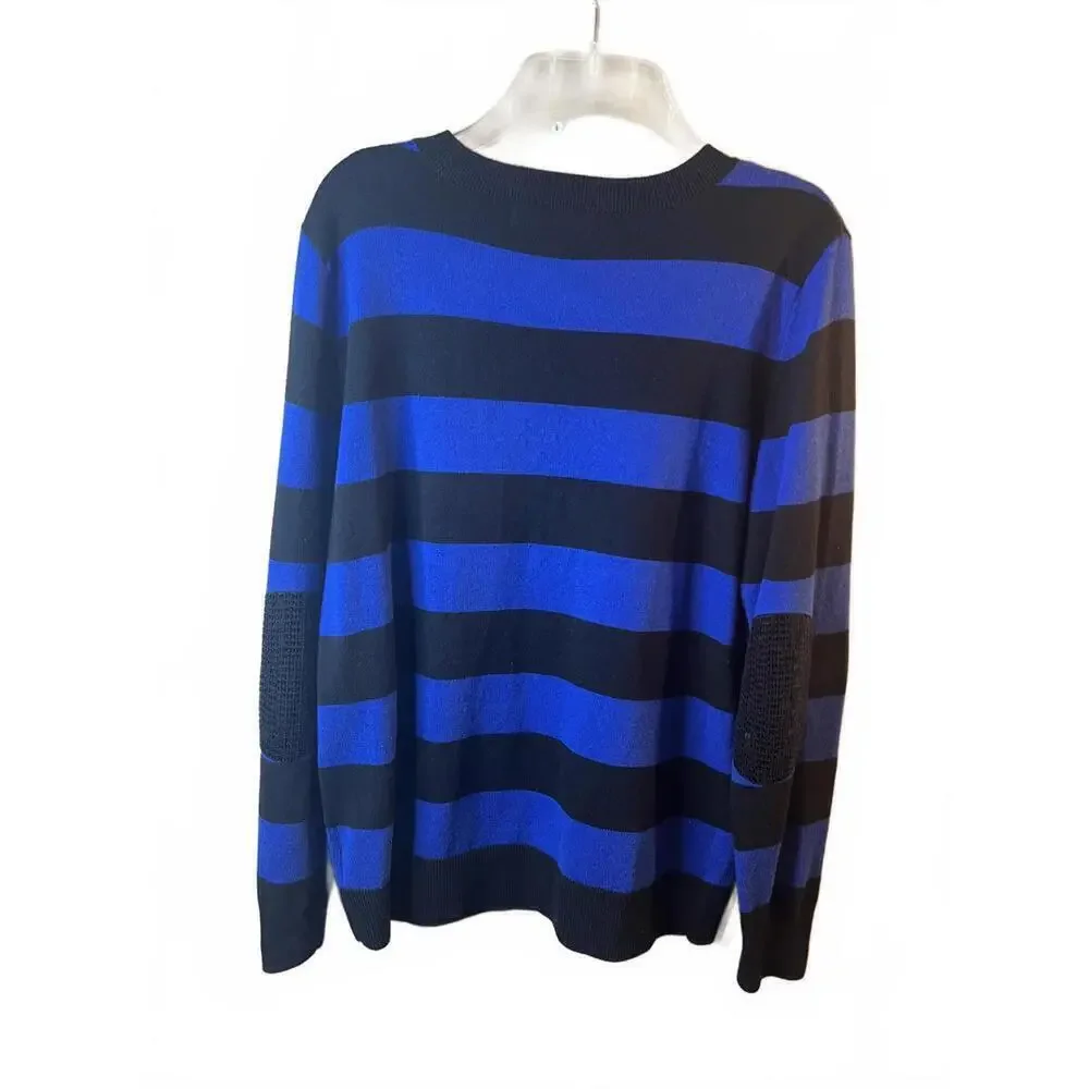 Michael Kors Women's Striped V-Neck Sweater Sequin Elbow Patches Size Small